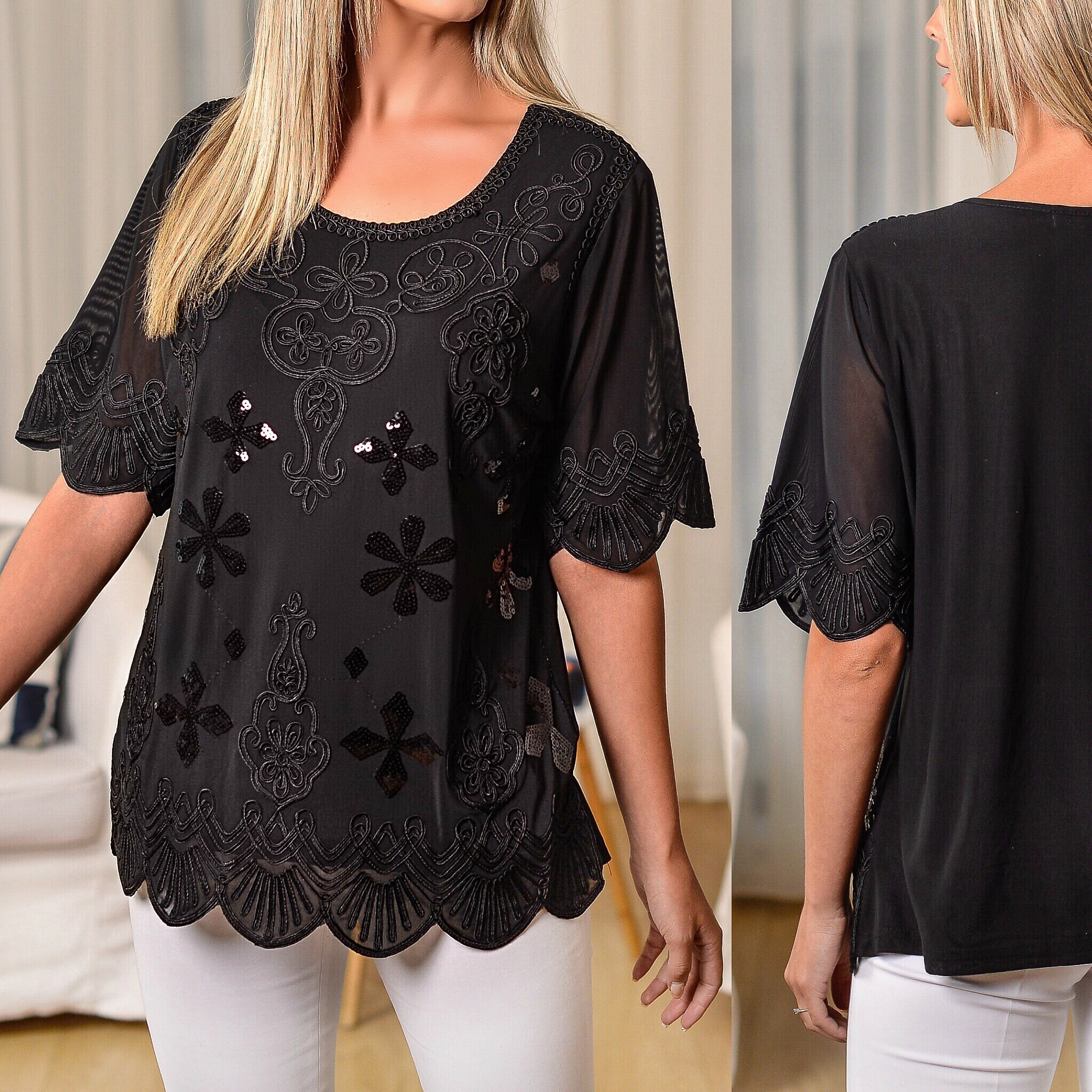 Bluza brodata neagra accesorizata cu paiete - Malina