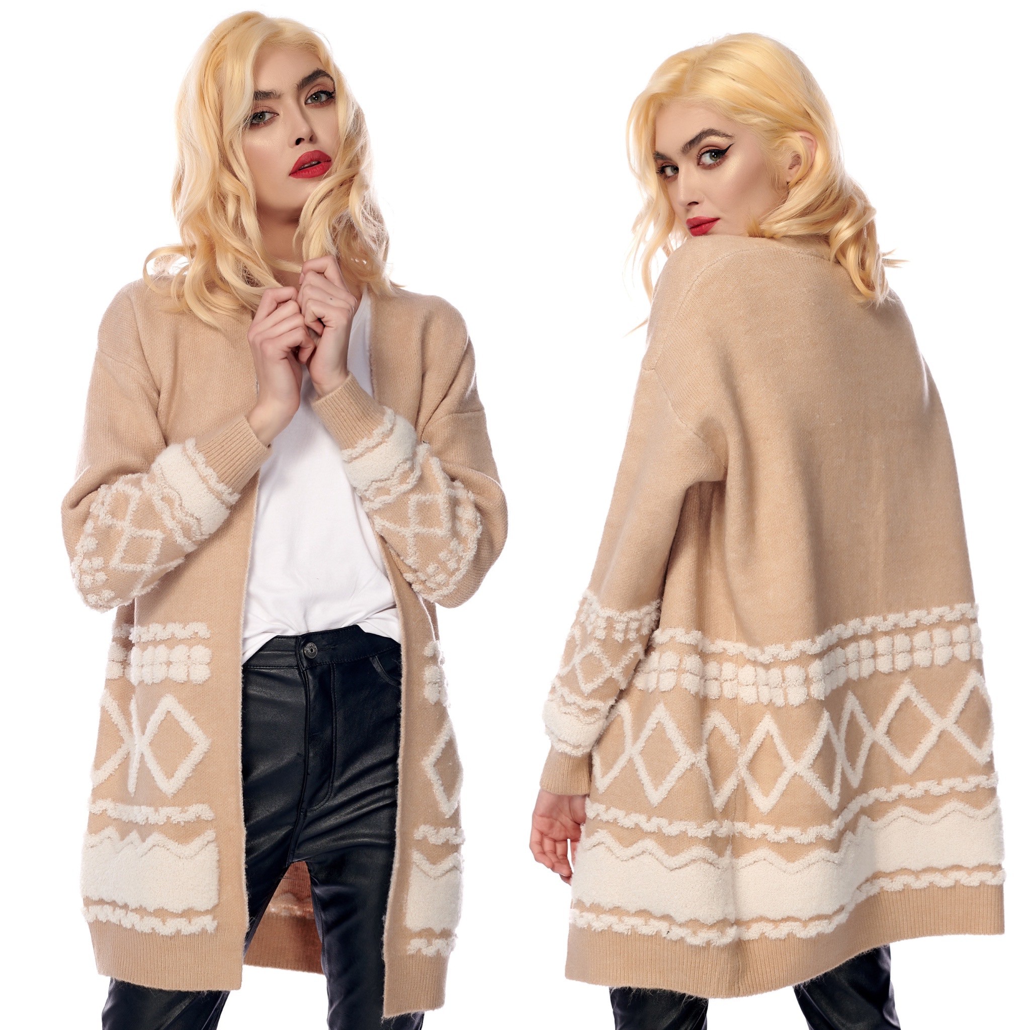 Cardigan crem cu motive traditionale 3D