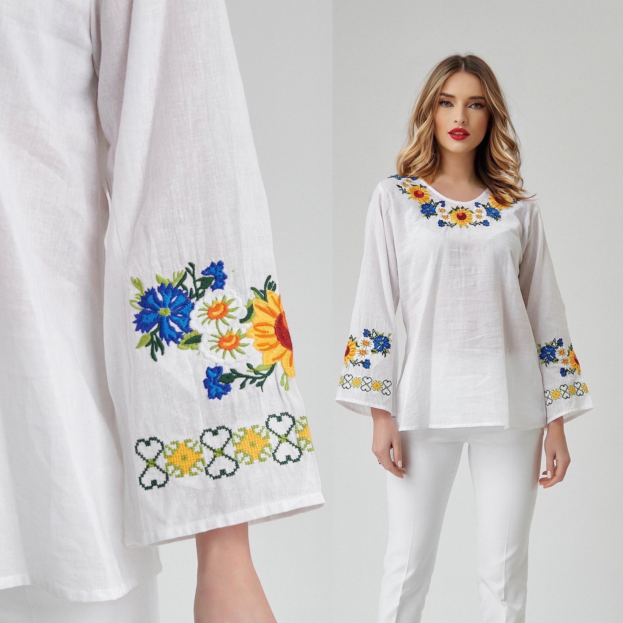 Bluza tip ie cu broderie florala - Adina alba