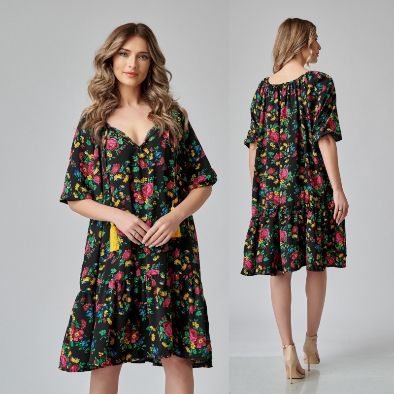 Rochie Nationala neagra cu print floral rosu - Paula 03