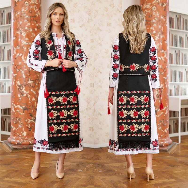 Costum Popular cu 4 piese, model Traditional cu broderie florala - Florentina