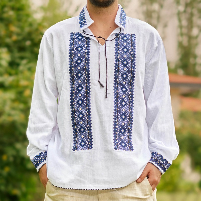 Camasa Traditionala Barbateasca cu broderie geometrica albastra