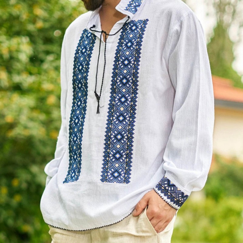 Camasa Traditionala Barbateasca cu broderie geometrica albastra