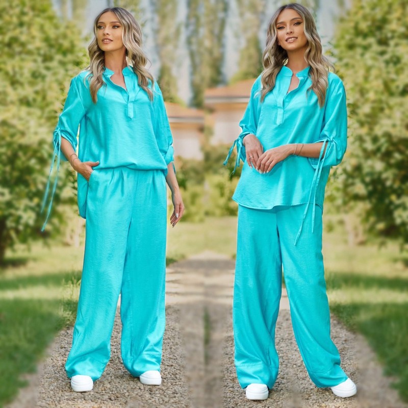 Set Bluza si Pantaloni din in natural turcoaz - Sandra 03