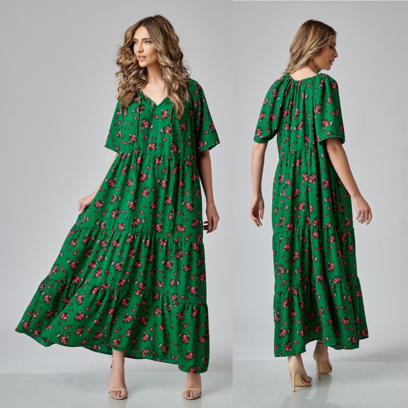 Rochie Nationala lunga verde cu imprimeu floral, croi lejer - Paula 04