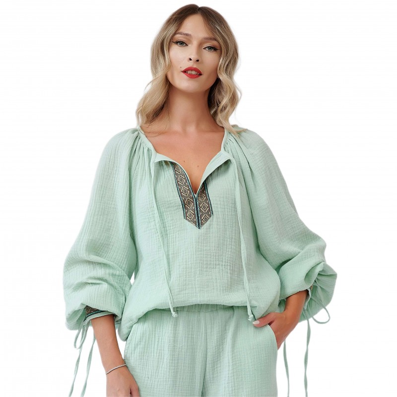 Bluza din in verde tip ie traditionala