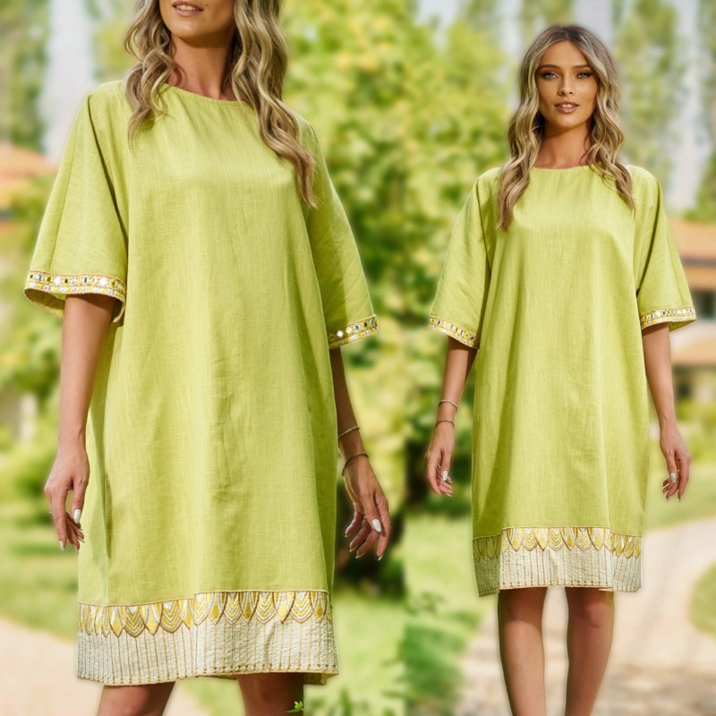 Rochie brodata din panza de in natural verde crud