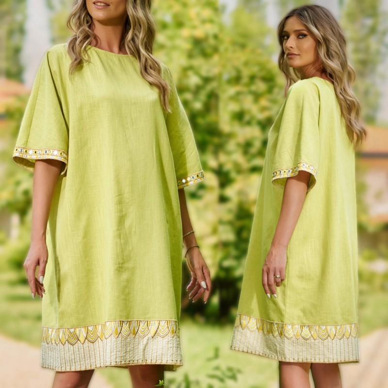 Rochie brodata din panza de in natural verde crud