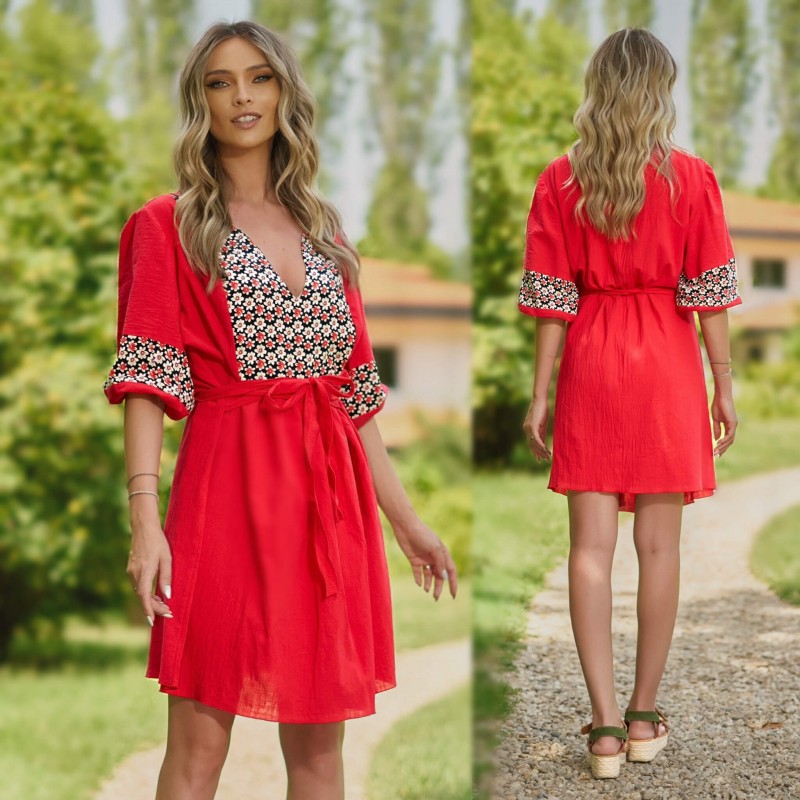 Rochie - Tunica rosie din panza topita cu flori - Adela 01