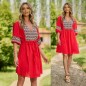 Rochie - Tunica rosie din panza topita cu flori - Adela 01