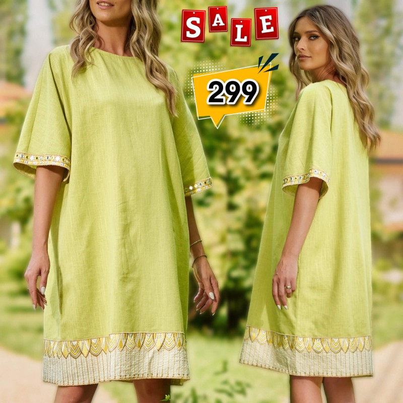 Rochie brodata din panza de in natural verde crud - Vica 02