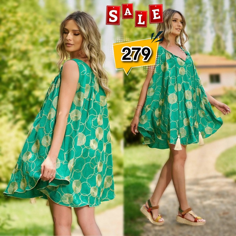 Rochie brodata verde din in cu croi evazat - Daria 01