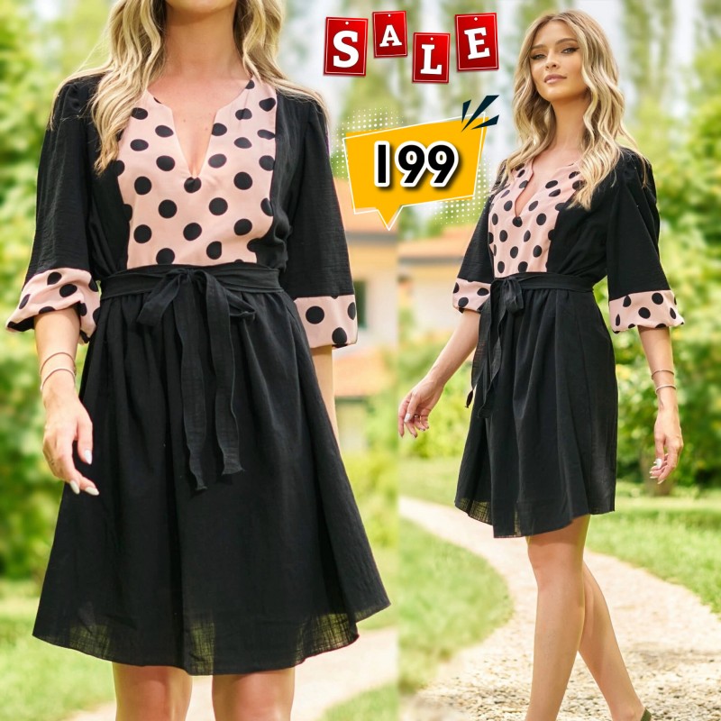 Rochie - Tunica neagra din panza topita cu buline - Adela 02