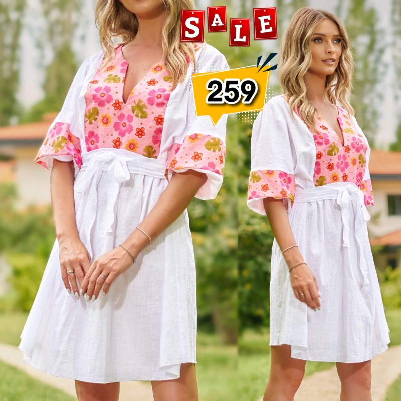 Rochie - Tunica alba din panza topita cu flori - Adela 03