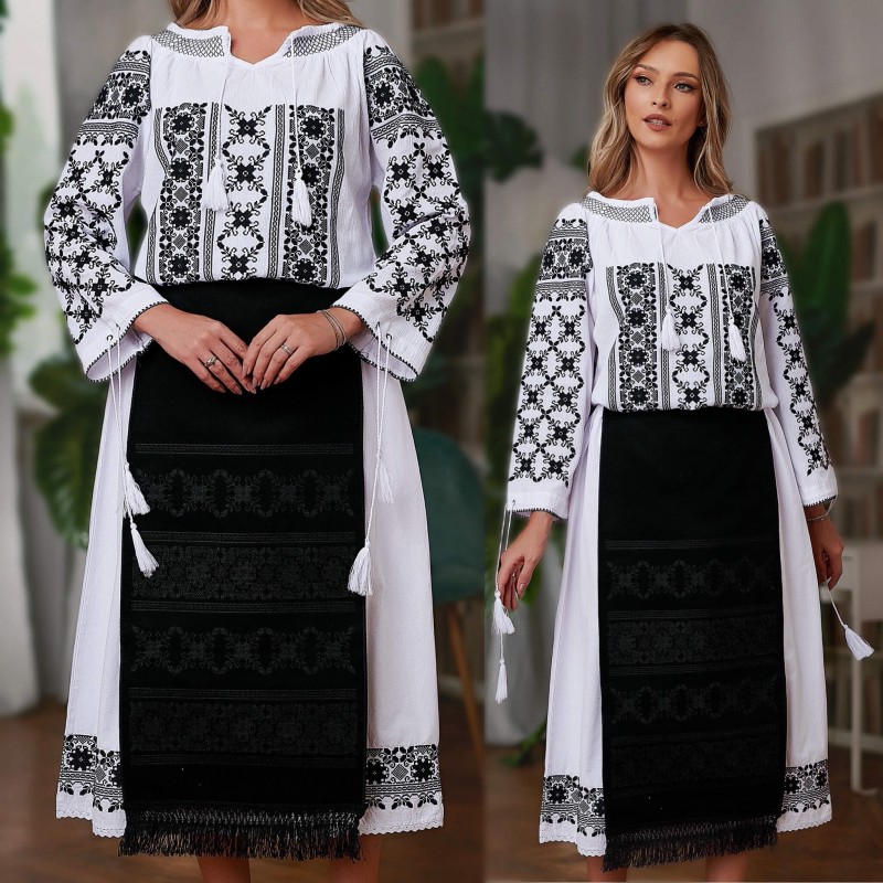 Set, costum popular Traditional 3 piese, broderie florala - Raluca negru