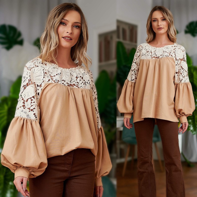 Bluza crem din in, accesorizata cu dantela - Ana 02