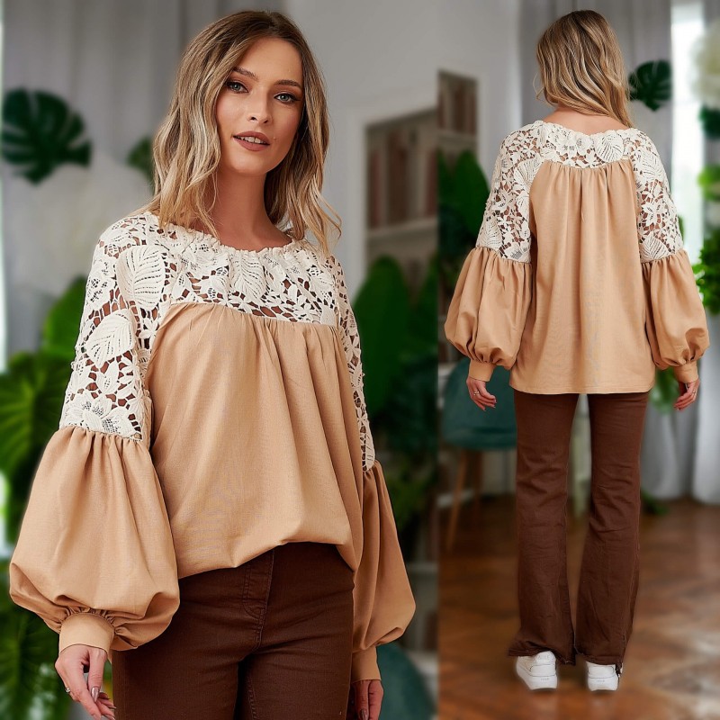 Bluza crem din in, accesorizata cu dantela - Ana 02