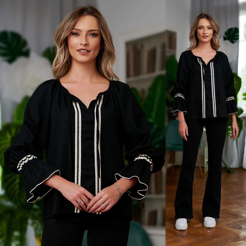 Bluza neagra tip ie traditionala de in natural, cu model impletit - Ina