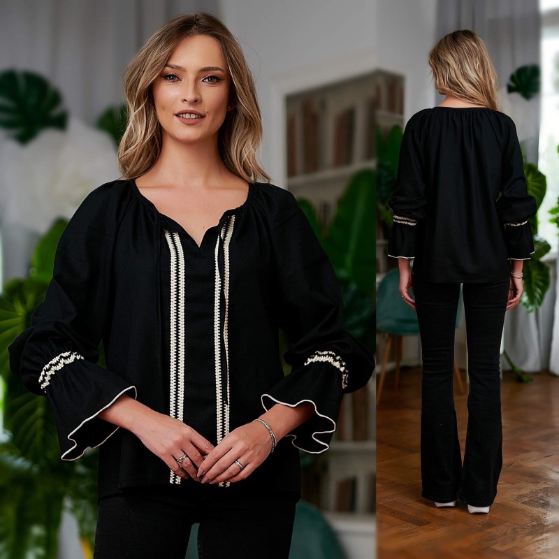 Bluza neagra tip ie traditionala de in natural, cu model impletit - Ina