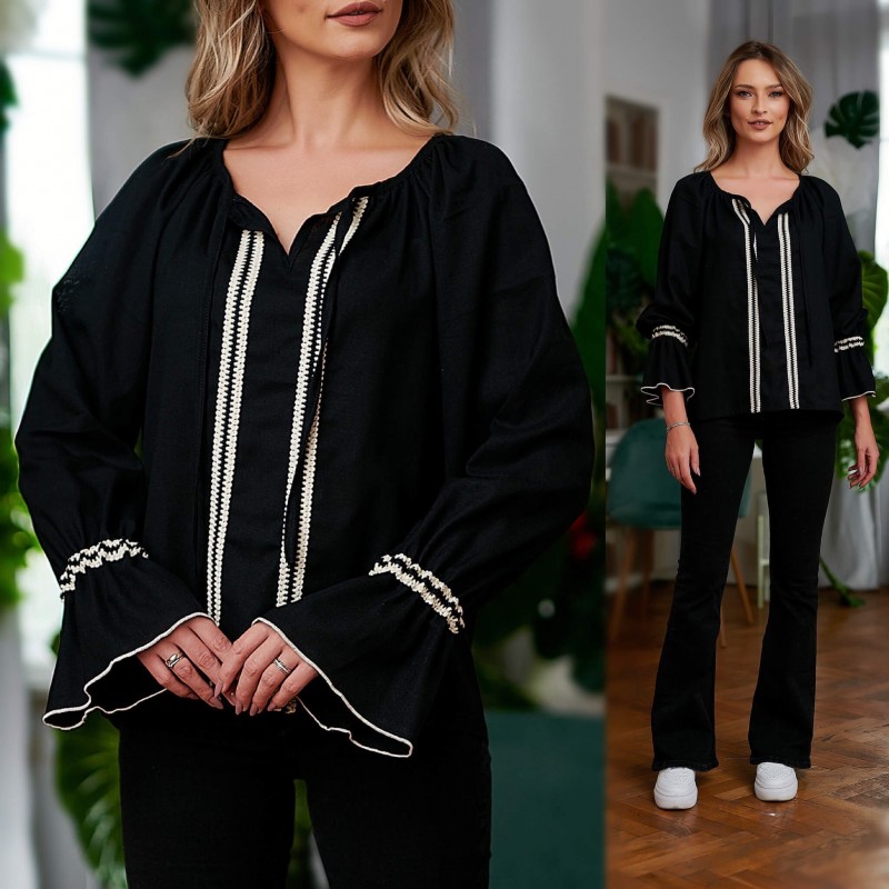 Bluza neagra tip ie traditionala de in natural, cu model impletit - Ina