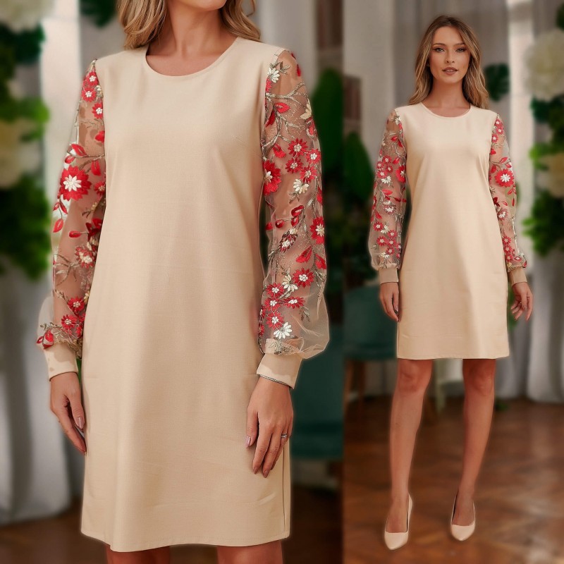 Rochie crem cu croi drept si maneci brodate - Carmen