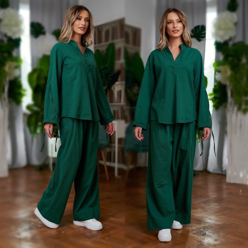 Set Bluza si Pantaloni din panza topita - Sandra verde 06