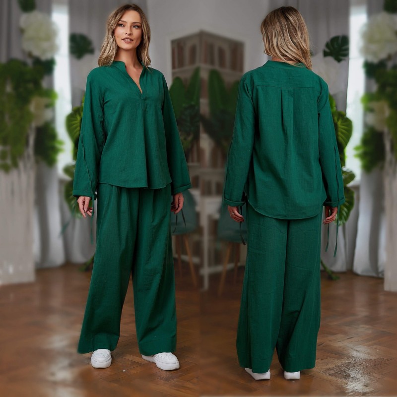 Set Bluza si Pantaloni din panza topita - Sandra verde 06