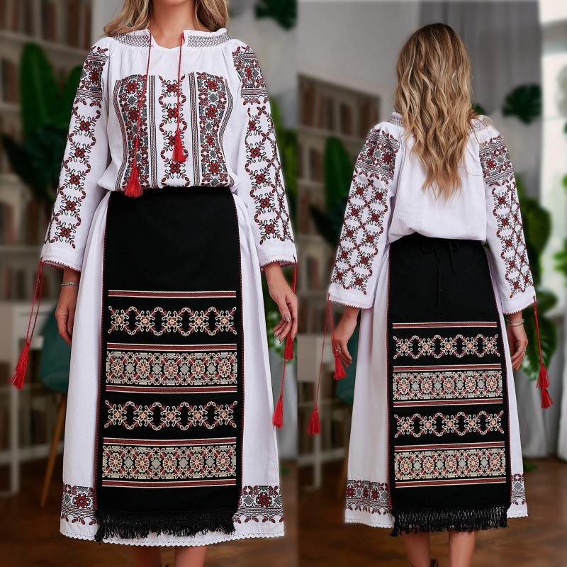 Set, costum popular Traditional 3 piese, broderie florala - Raluca rosu