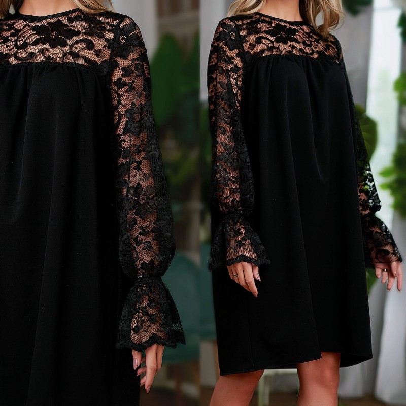 Rochie neagra, cu dantela si croi lejer - Catalina