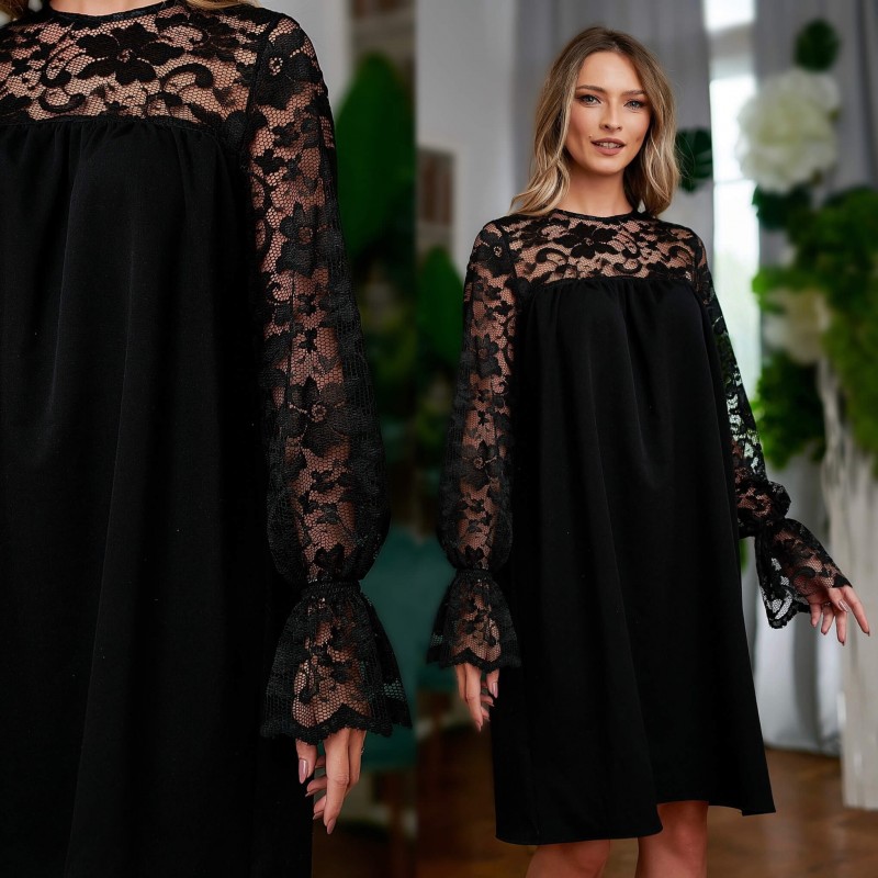 Rochie neagra, cu dantela si croi lejer - Catalina