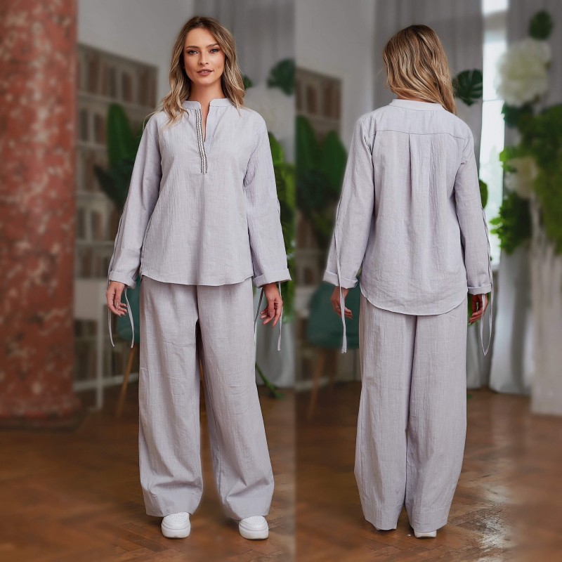 Set Bluza si Pantaloni din panza topita - Sandra gri 06