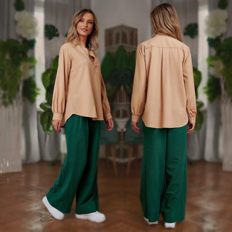 Set Bluza si Pantaloni din panza topita - Sandra crem/verde 05