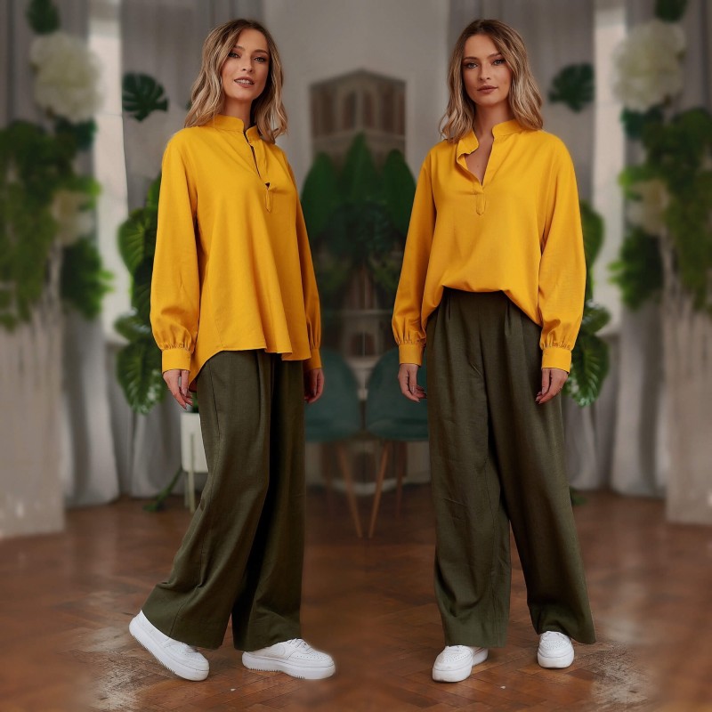 Set Bluza si Pantaloni din panza topita - Sandra galben/kaki 04