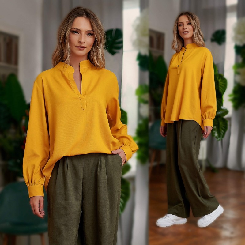 Set Bluza si Pantaloni din panza topita - Sandra galben/verde 04