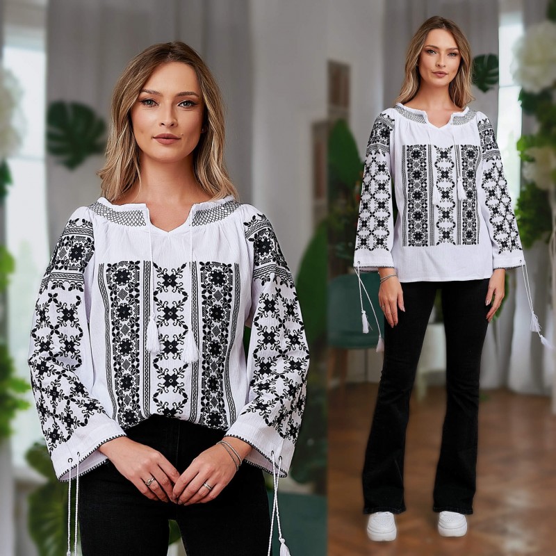 IE Traditionala alba cu broderie neagra - Raluca 02