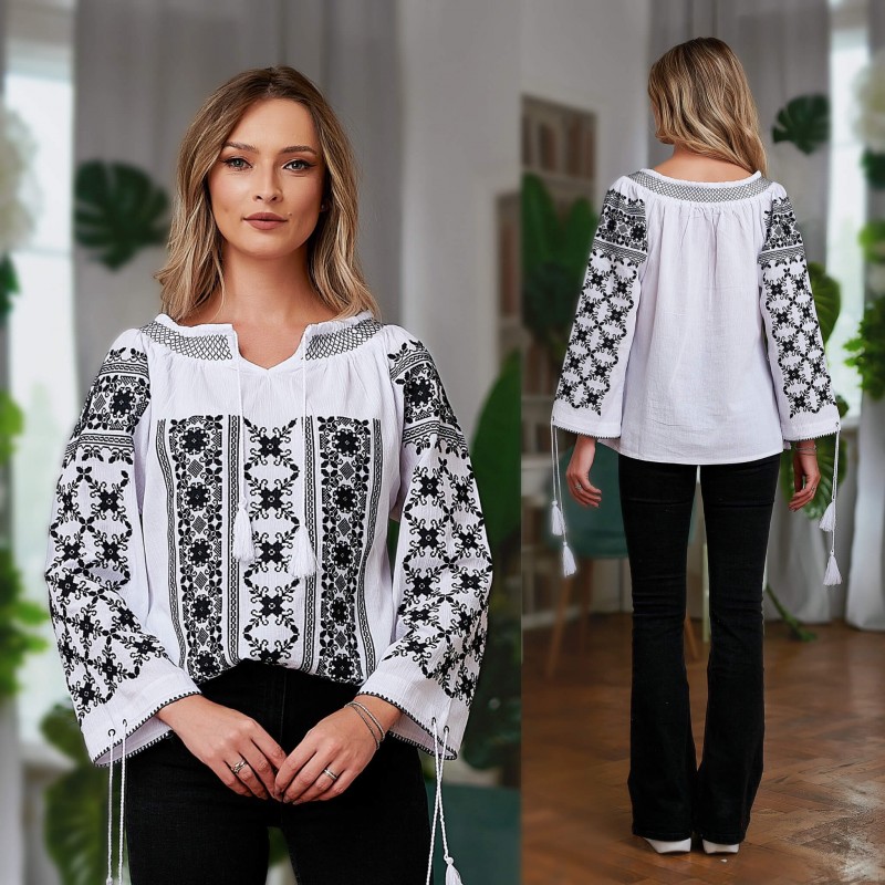 IE Traditionala alba cu broderie neagra - Raluca 02