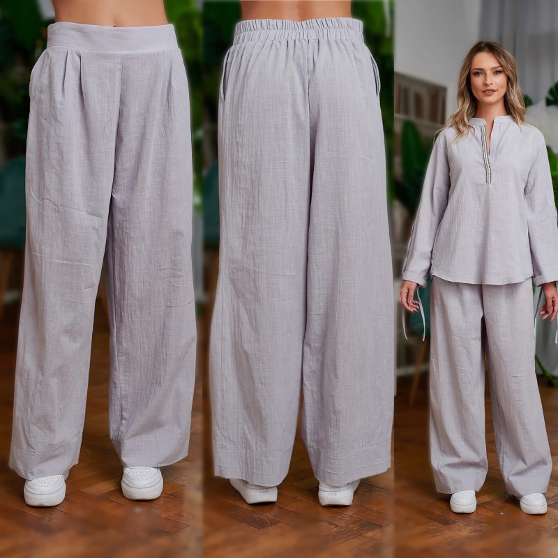 Pantaloni lungi din panza topita gri - Maria