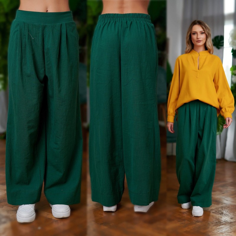 Pantaloni lungi din panza topita verde - Maria