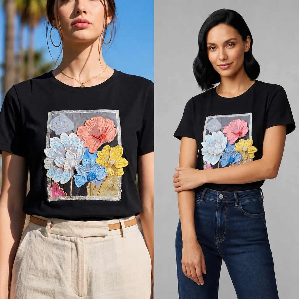 Tricou negru cu imprimeu cu floral 3D - Andra multicolor 08