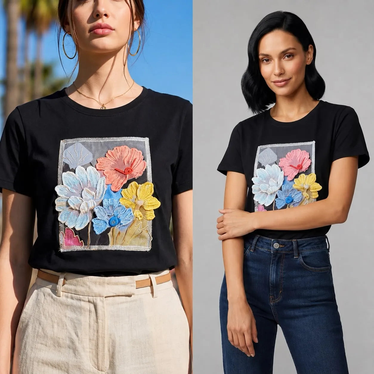 Tricou negru cu imprimeu cu floral 3D - Andra multicolor 08