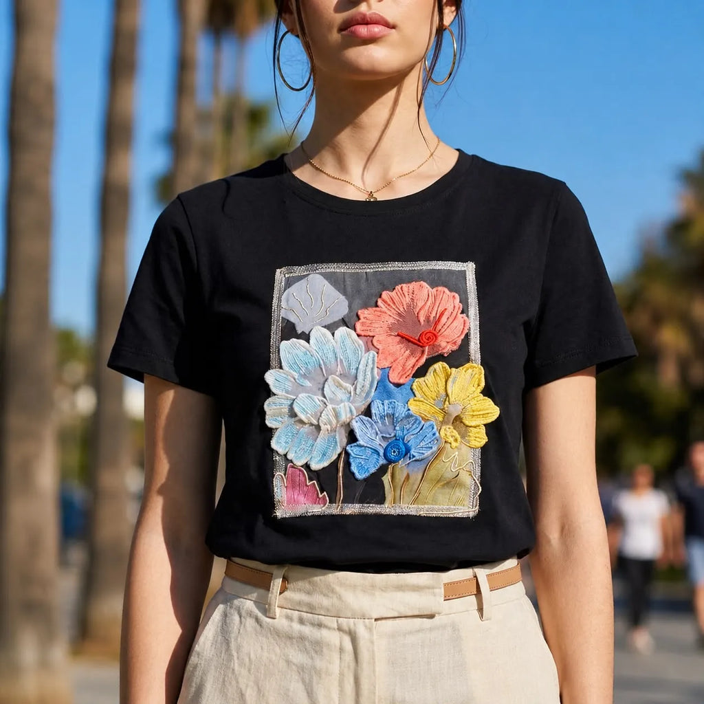 Tricou negru cu imprimeu cu floral 3D - Andra multicolor 08