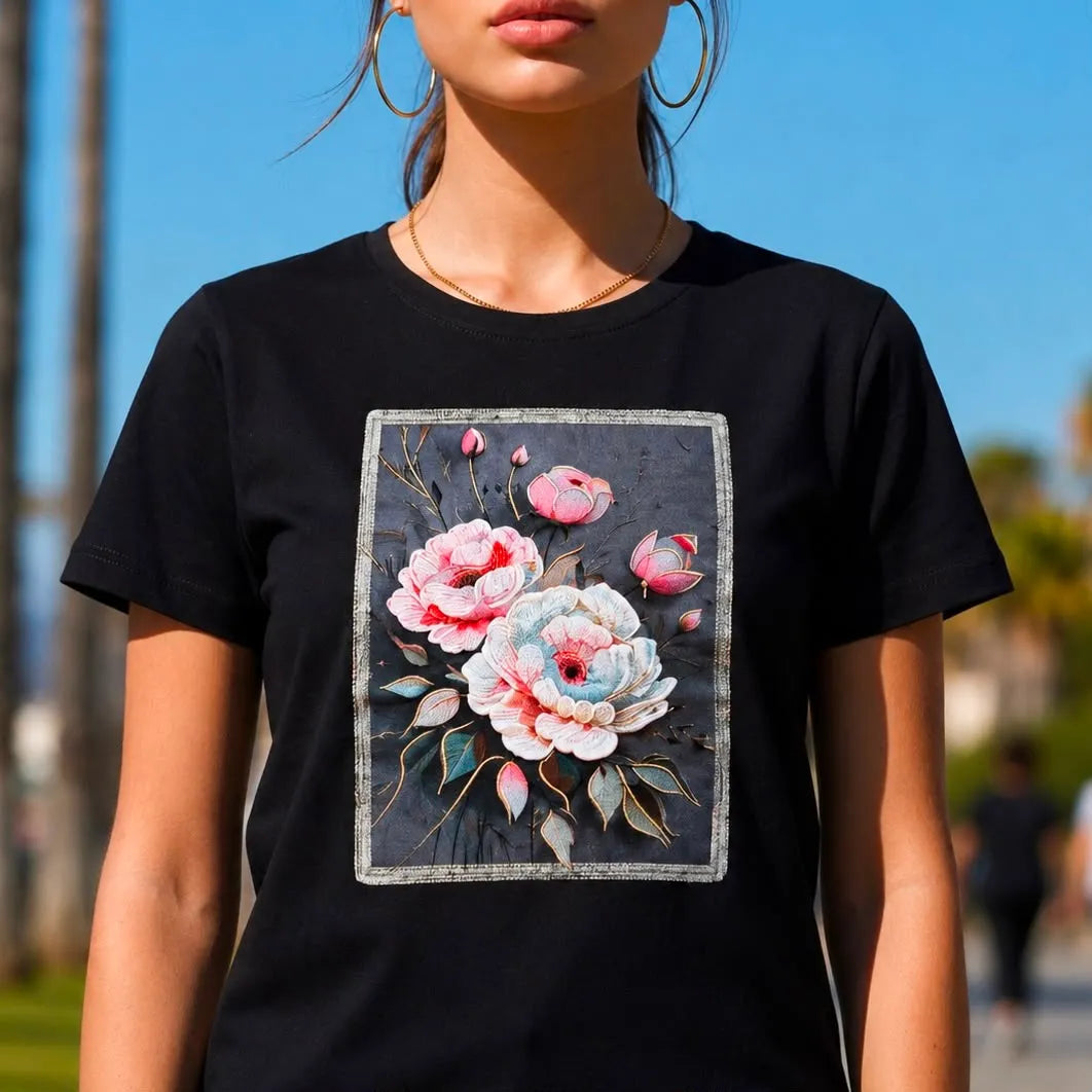 Tricou negru cu imprimeu cu floral 3D - Andra roz 07