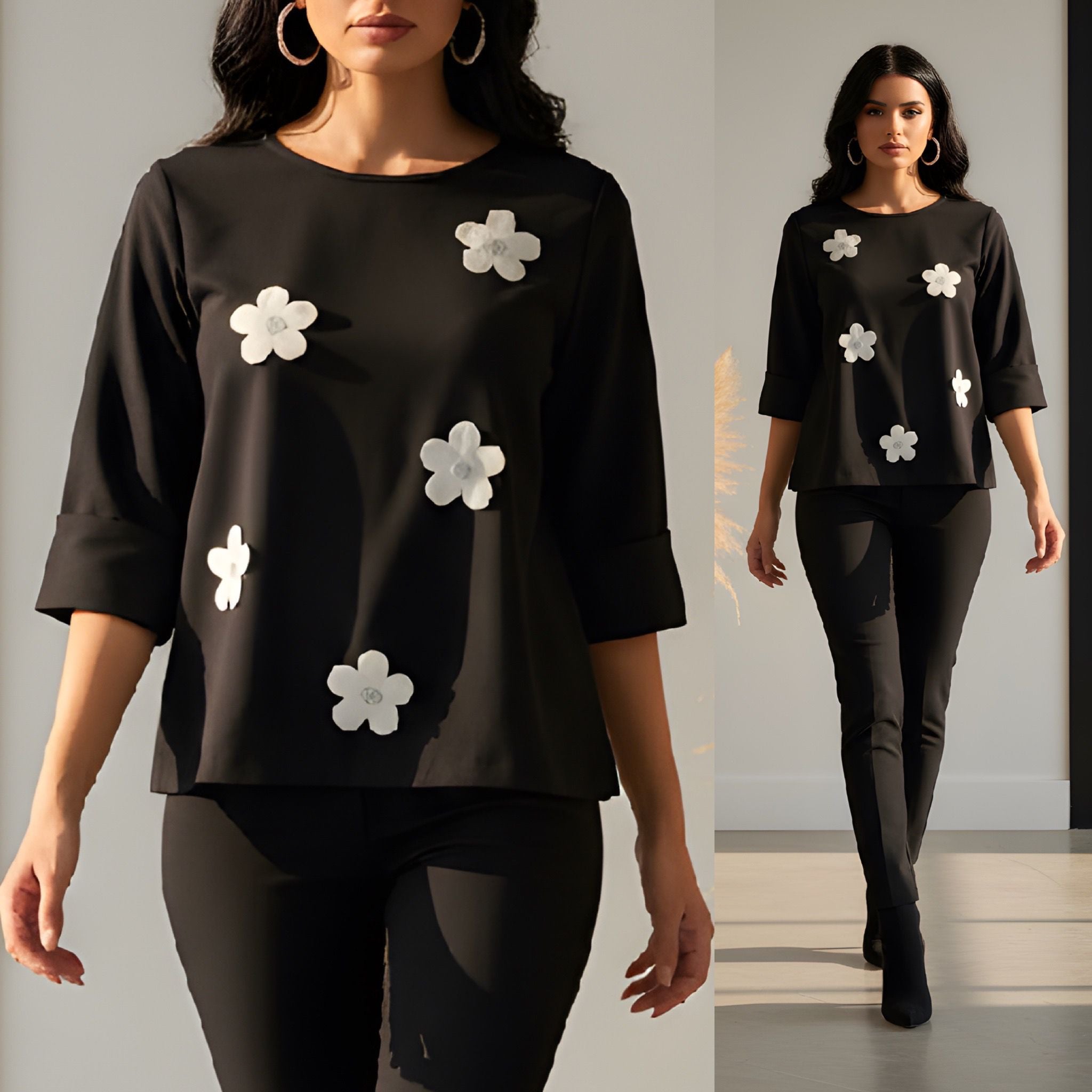 Bluza din tricot cu flori albe 3D - Mara