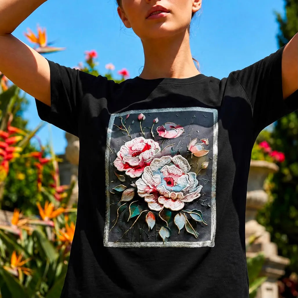 Tricou negru cu imprimeu cu floral 3D - Andra roz 07