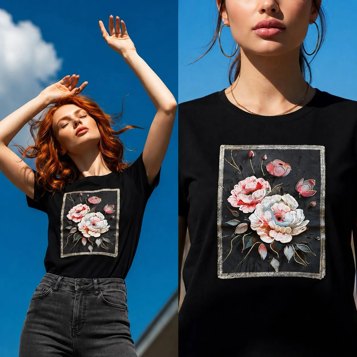 Tricou negru cu imprimeu cu floral 3D - Andra roz 07