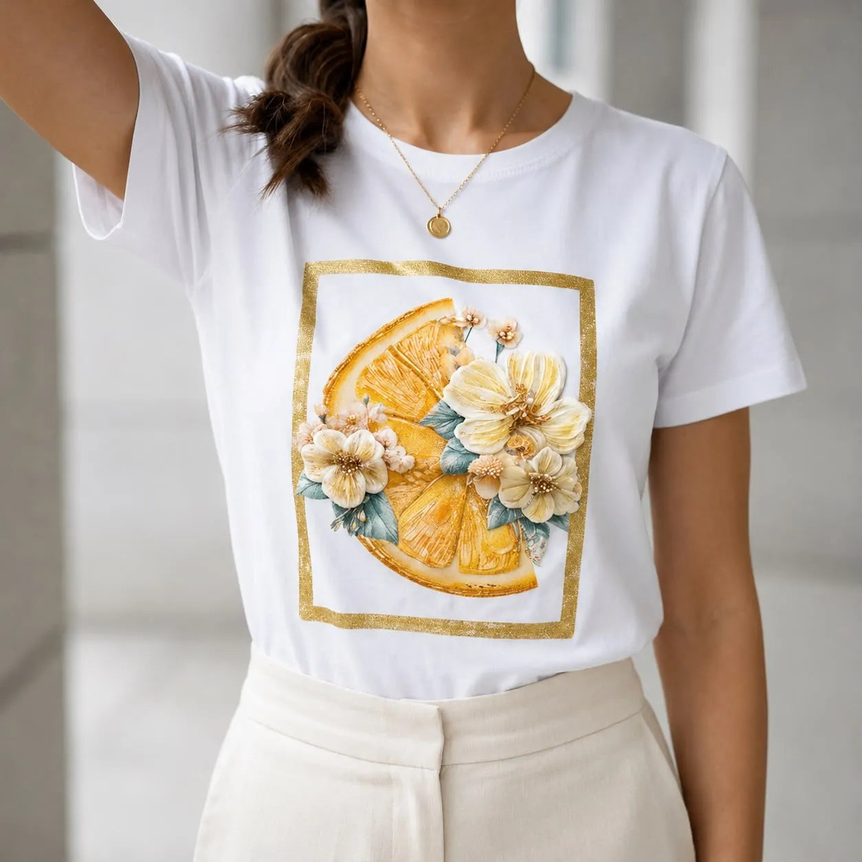 Tricou alb cu imprimeu cu floral 3D - Andra galben 06