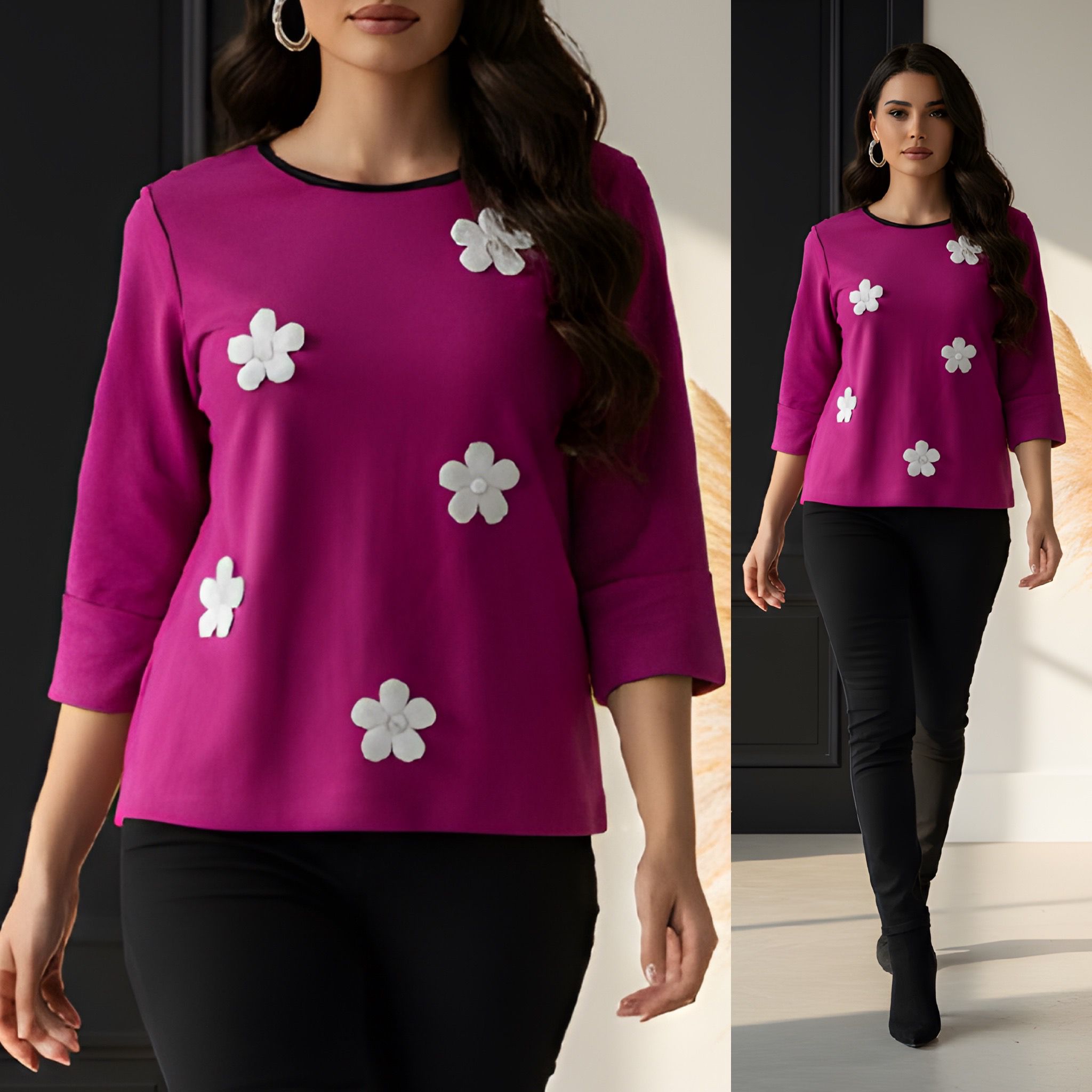 Bluza din tricot cu flori albe 3D - Mara