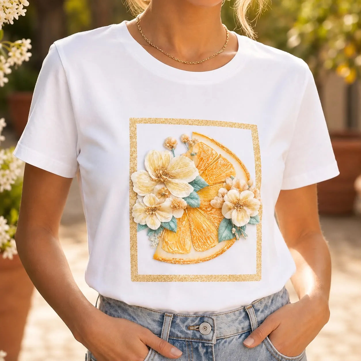 Tricou alb cu imprimeu cu floral 3D - Andra galben 06