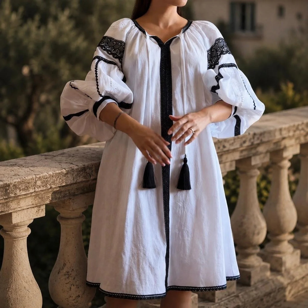 Rochie midi tip ie Nationala din in panza topita alba – Elena 03