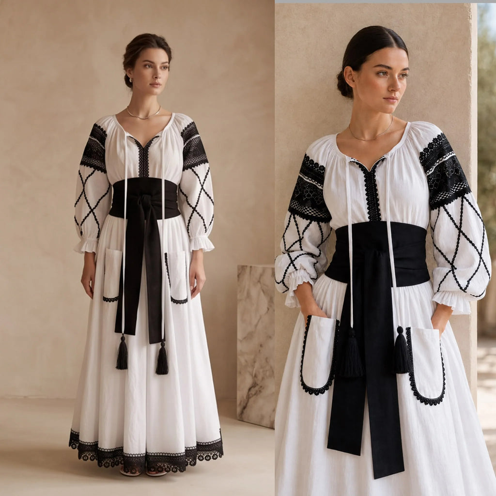 Rochie Nationala alba din panza topita dantela neagra - Maria 02